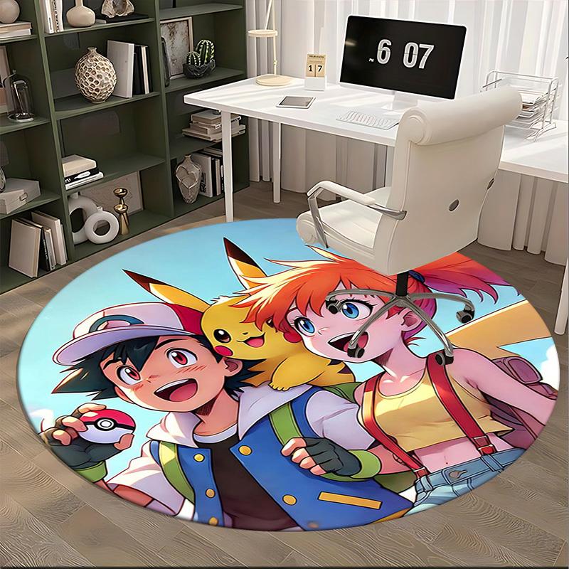 1pc Pokémon Pikachu & Trainer Round Carpet - Anime Design Chair Mat, Office Gift, Seasonal Decor, Suitable for Home, Living Room