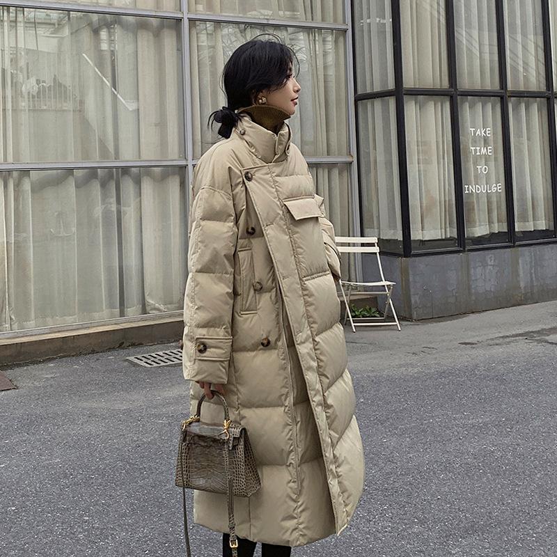 Ветрозащитное пальто с воротником-стойкой, зимние женские пуговицы, большие карманы, длинная парка, утепленная теплая хлопковая куртка, корейская куртка-пуховик
