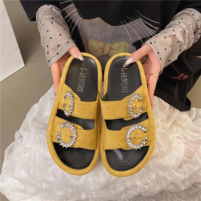 Модные хрустальные металлические шлепанцы с пряжкой, женские модные шлепанцы с круглым носком и открытым носком, фланелевый ремешок-слинг, мягкая подошва, нескользящие, больших размеров, балетки