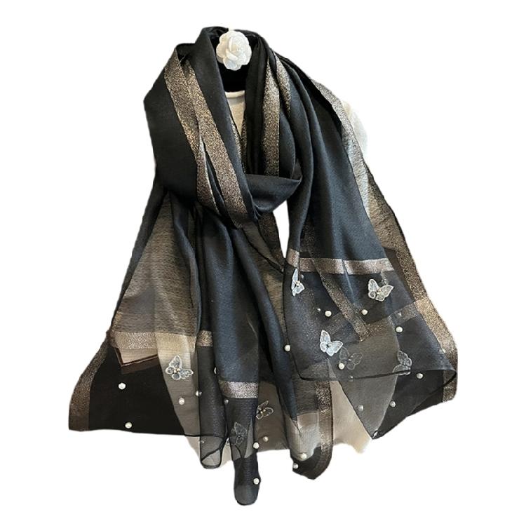 Stylish Butterfly Design Polyester Scarf Women Hijab Shawl Stole Wrap Beaded Accents Fashion Accessory