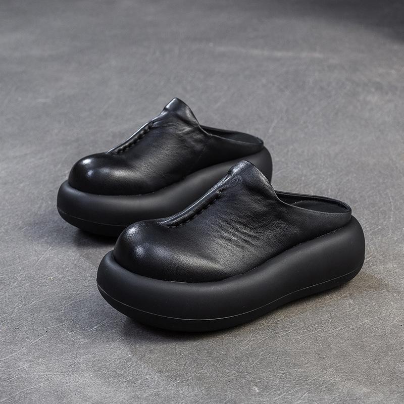 Johnature Thick Soled Slippers Genuine Leather Round Toe Versatile Women's Flat Platform Shoes