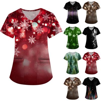 Женская рабочая униформа с принтом, V-образный вырез, карманы, базовый короткий рукав, пуловер, топ