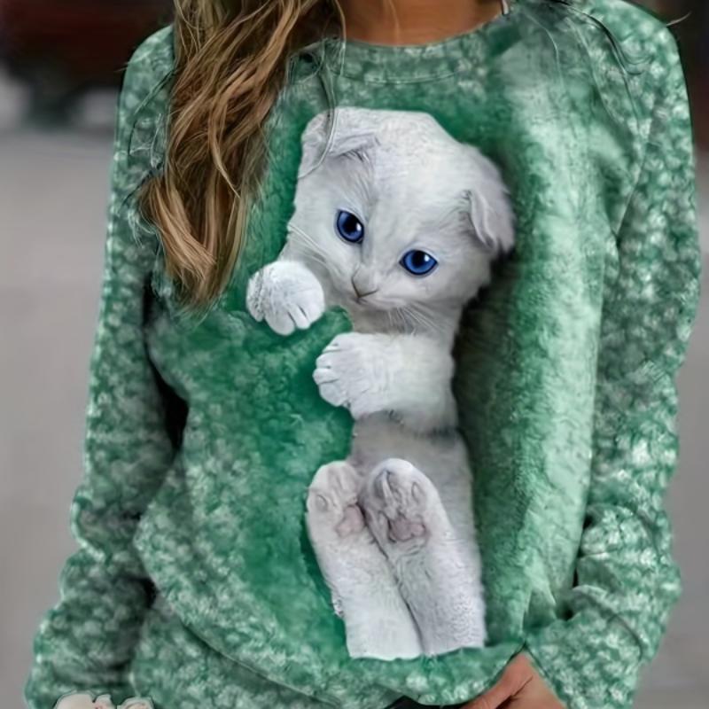 Женский свитер с круглым вырезом с милым котенком, осень 2023, новый женский топ, повседневный удобный свитер увеличенного размера