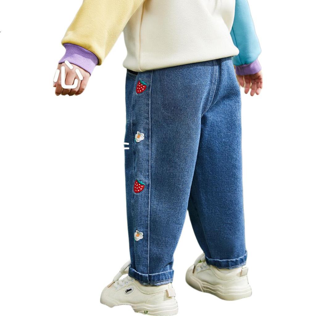 ASK JUNIOR Girls' Pants 2026 Spring Toddler Strawberry Floral Embroidered Casual Versatile Denim Mosquito-Repellent Pants Blue 90