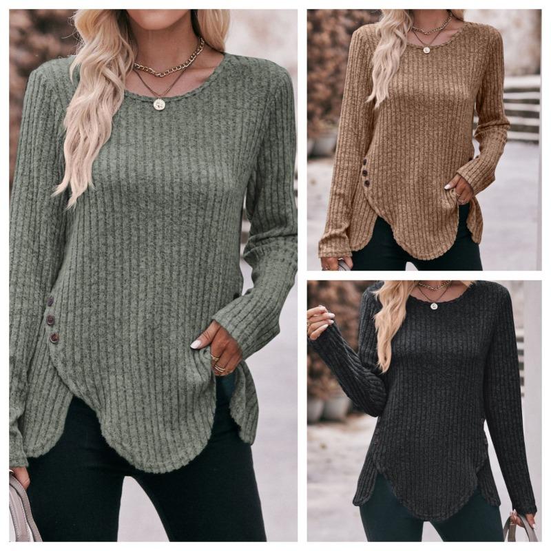 Autumn Winter Long-sleeved Round Neck Top Women's Fashion Casual Irregular Solid Color Street Style Buttons Pullover Tshirt New