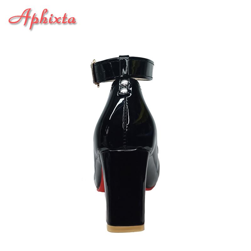Aphixta Супер Большой Размер 51 52 53 Лакированная Кожа 7см Массивный Каблук Официальные Туфли-Лодочки 2см Пряжка Ремень Острый Носок Женские Черные Туфли