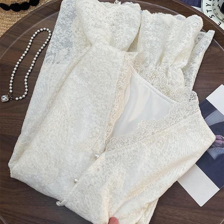 Новинка ранней весны, корейский дизайн, кружевной жилет с жемчугом + ажурный французский рубашечный комплект