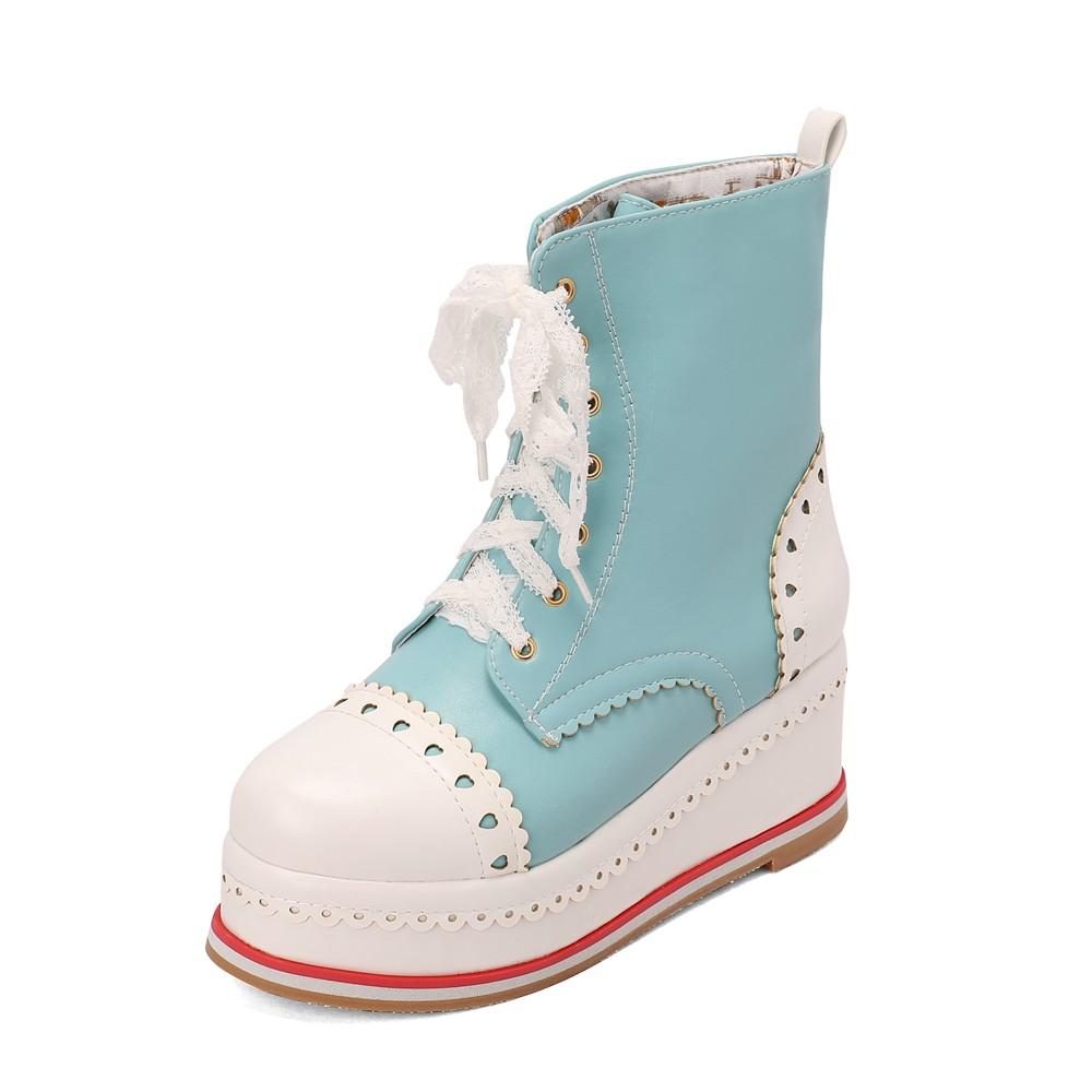 Lolita Style Sweet Girls Shoes Lace Up Platform Hidden Heels Wedges Princess Shoes Women Brock Ankle Boots Pink Plus Size 34-48