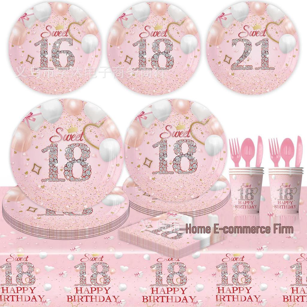 Cross-border Pink Birthday Party Tableware: 16th, 18th, 21st & 1st Celebration Paper Plates & Tablecloth Decoration