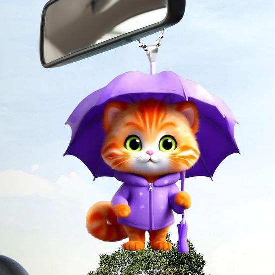 Umbrella Cat Pendant Car Rearview Mirror Charm Kitten 2D Acrylic Car Ornament Cartoon Hanging Decoration for Car Interior Home Window Keys
