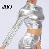 Women Top Club Glossy Faux Leather Half-high Collar Solid Color Waist-exposed Long Crop Sleeve Skinny Pullover Elastic Nightclub Stage Show