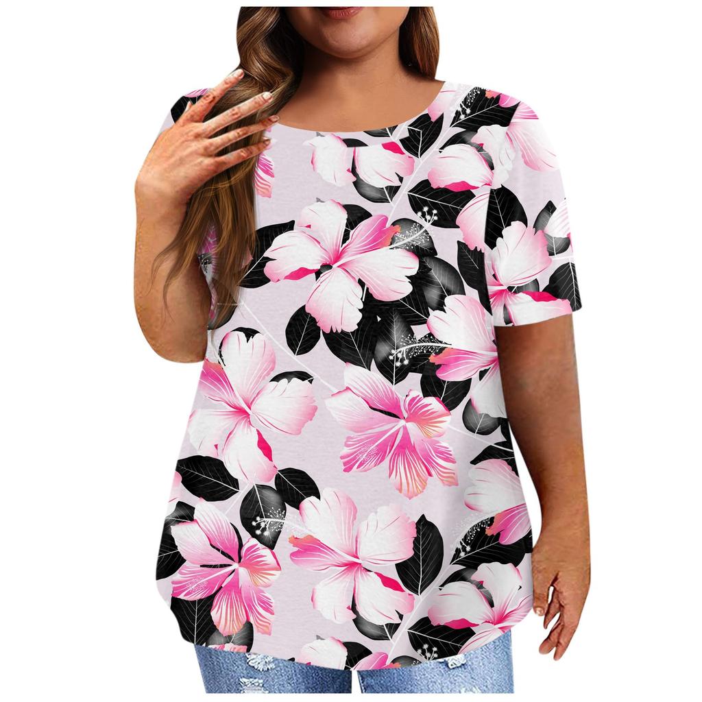 Fashion Short Sleeve Shirt Round Neck Plus Size T-Shirt Flower Printed Casual Tops For Women