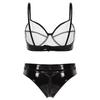 Women Patent Leather Lingerie Set Wet Look Bra Top Wire Free No Padding Zipper Crotch Low Rise Briefs