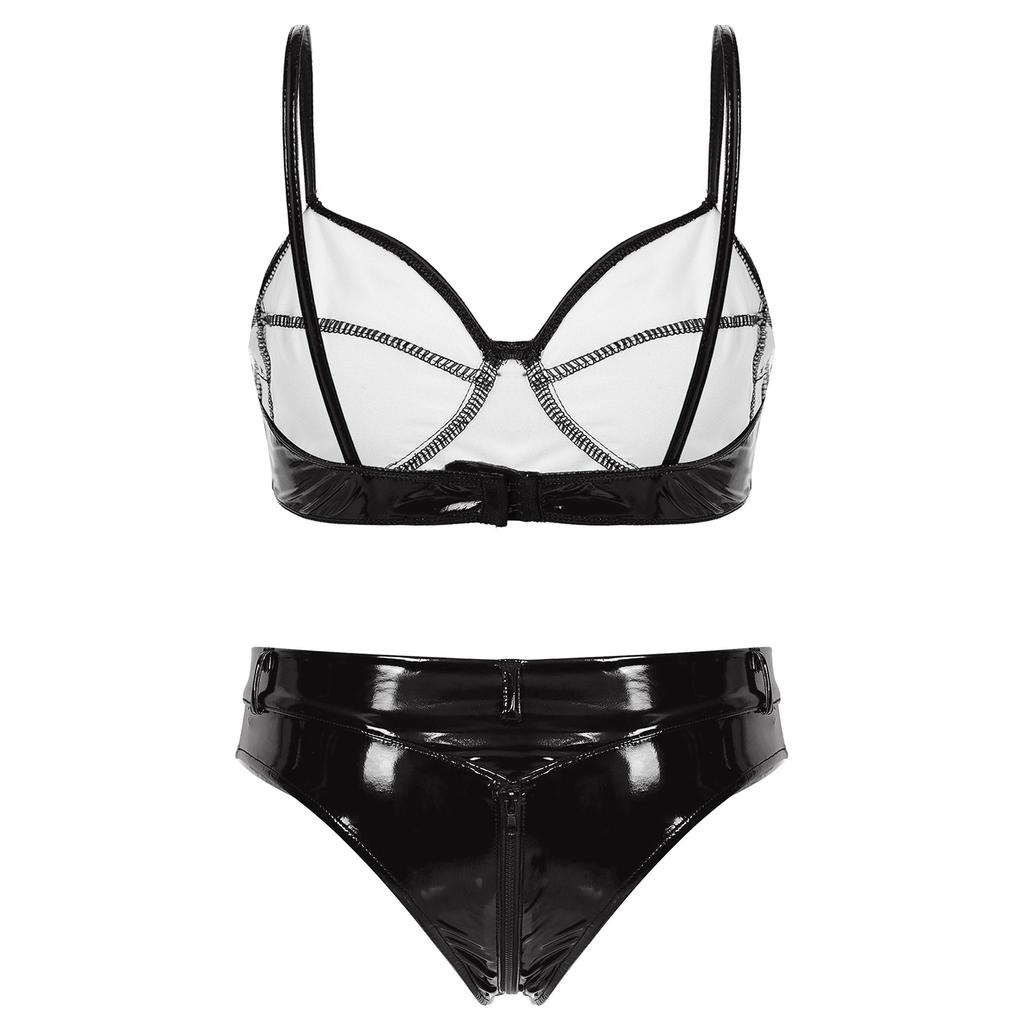 Women Patent Leather Lingerie Set Wet Look Bra Top Wire Free No Padding Zipper Crotch Low Rise Briefs
