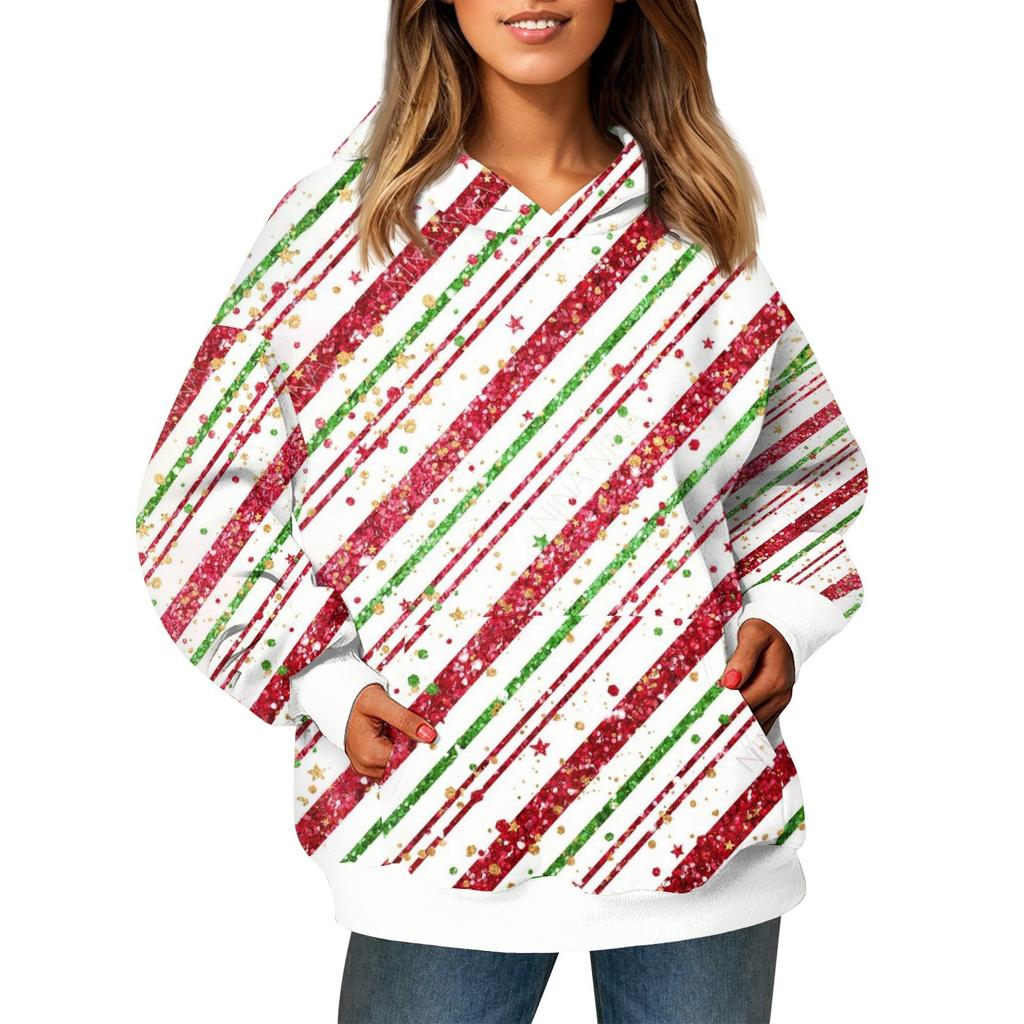 Ladies' Fashionable Long Sleeved Pullover With Christmas Print Hooded Pocket Sweatshirt