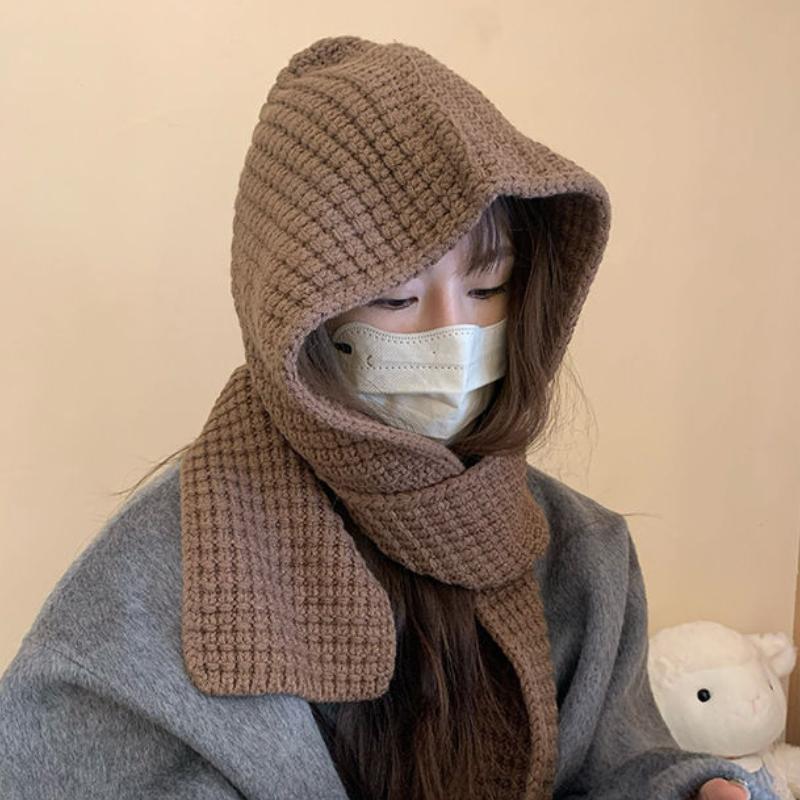 Autumn Winter Knitted Hat with Integrated Scarf Hooded Wool Cap Warm Ear Protection Shawl