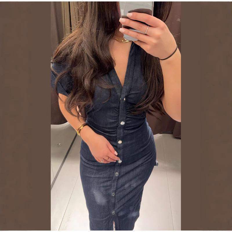 Весна и лето женская одежда импортная торговля новый темперамент V-образный вырез короткий рукав джинсовая юбка однобортная и с несколькими пуговицами