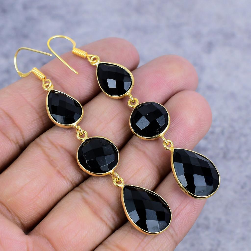 Black Spinel Gemstone Handmade 925 Sterling Silver Jewelry Earring 2.99" M-2649