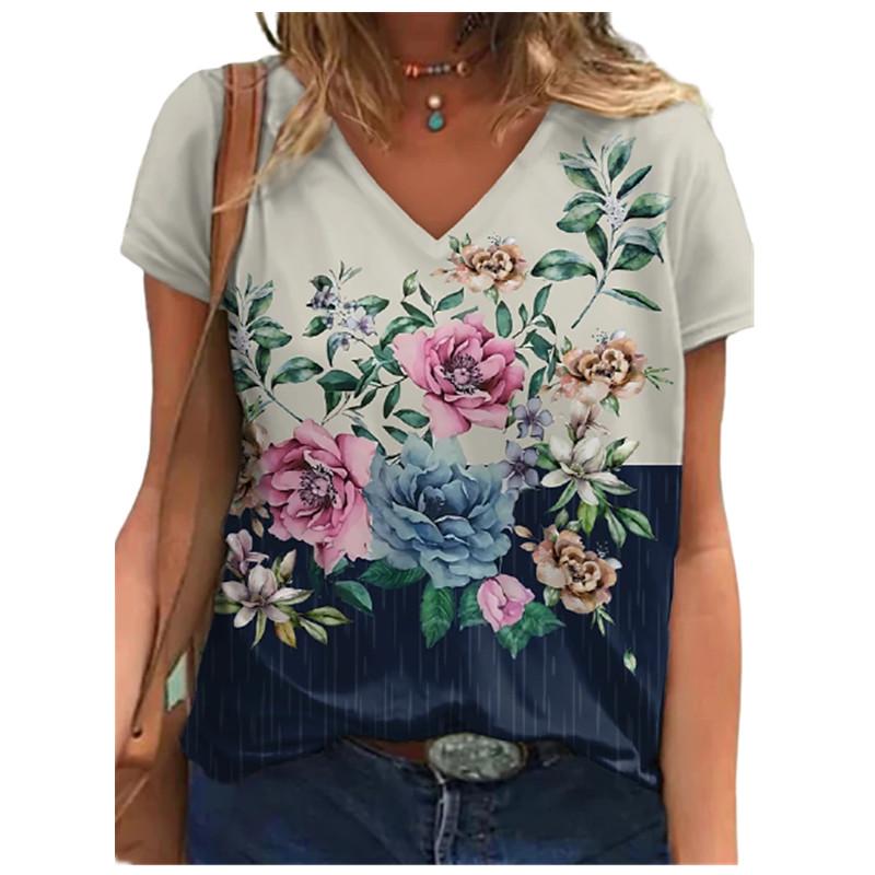 Vintage 3D Flower Print Women T Shirt Short Sleeve Loose V-Neck Street Casual Oversized Tops Summer Large Size 6XL