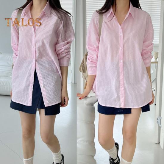 Sleeve Lapel Shirt Women Long Single Breasted Shirt Tops Striped Print Loose Fit Thin Work Shirt Streetwear