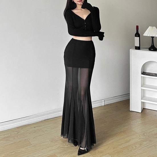 Женская макси-юбка, эластичная, с высокой талией, сетчатая, длинная, юбка с запахом на бедрах, прозрачная, облегающая, повседневная юбка