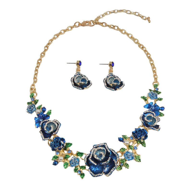 Colorful Flower Diamond Necklace Earrings Set Medieval Temperament Women'S Accessories