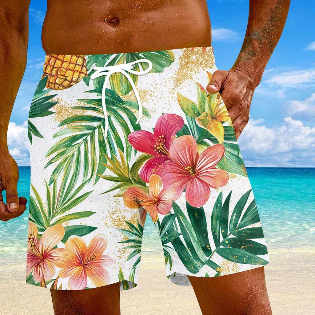 Men's Fashion Hawaiian Print Elastic-Waisted Casual Yoga Pants Beach Shorts