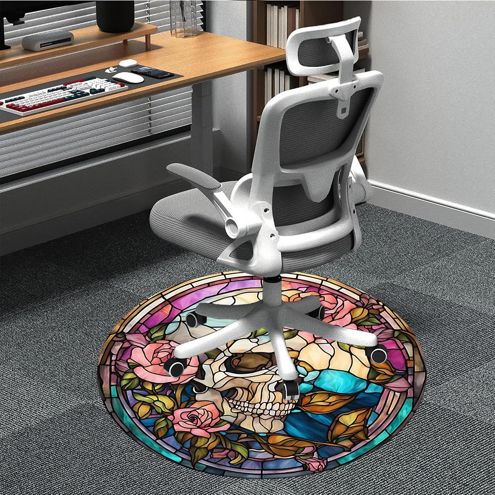 1pc Stained Glass Skull Roses Office Round Rug, Non-slip, Soft and Durable Office Rug for Interior Decoration, Perfect for Office yy260204027