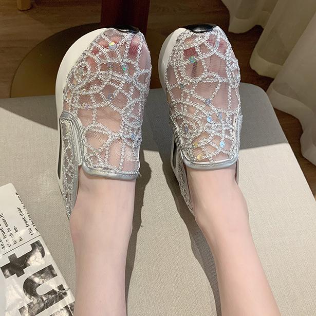 Women Fashion Sneaker Summer Sequin Lace Thick Sole Casual Mesh Round Head Shoes