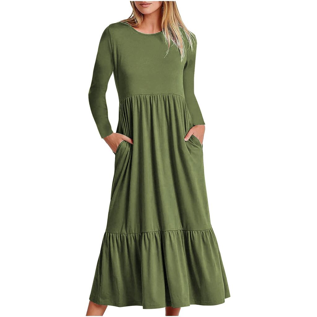 Women's Casual Dress Swing Sundress Flowy Tiered Loose Long Sleeve Maxi Dress With Pockets