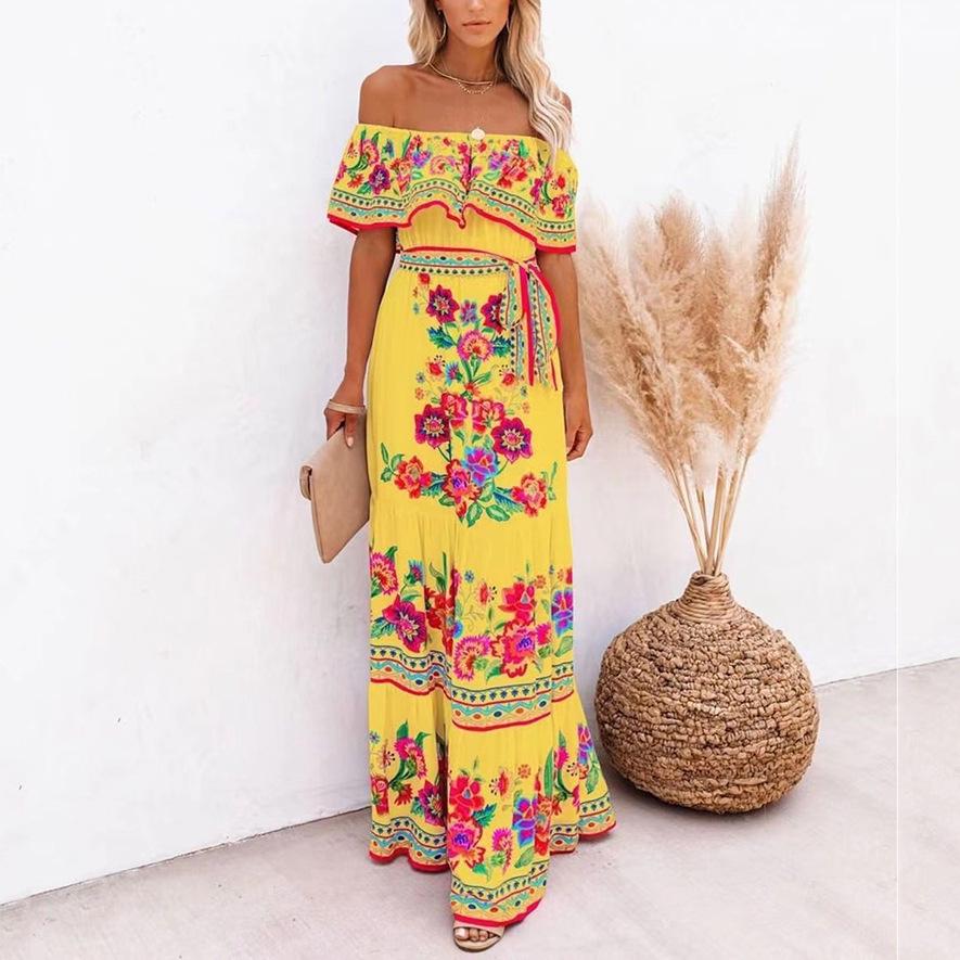 Bohemian Floral Chiffon Maxi Dress - Women's Beach Vacation Style