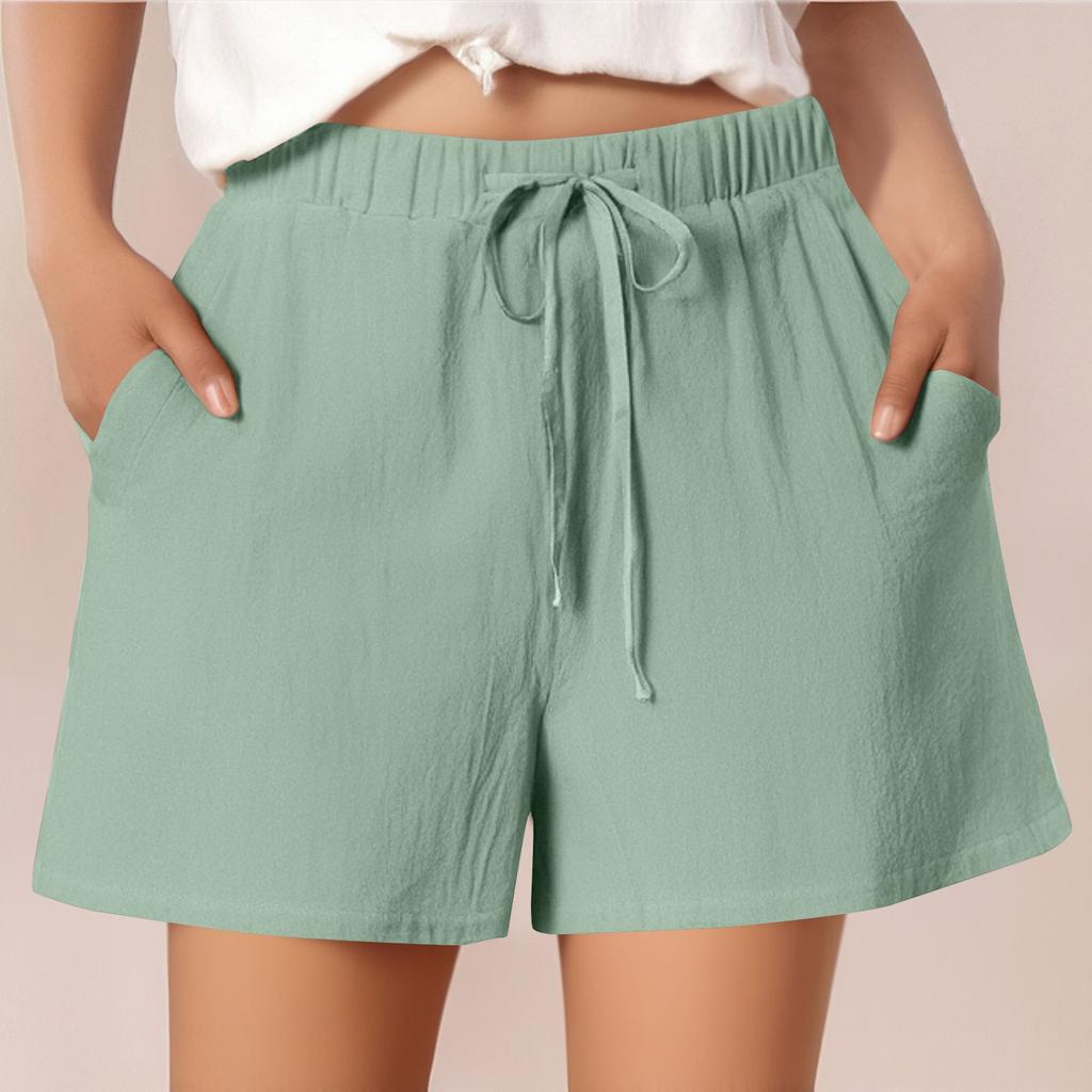 Женские повседневные хлопковые и льняные однотонные свободные шорты со шнуровкой и эластичным поясом длиной три четверти