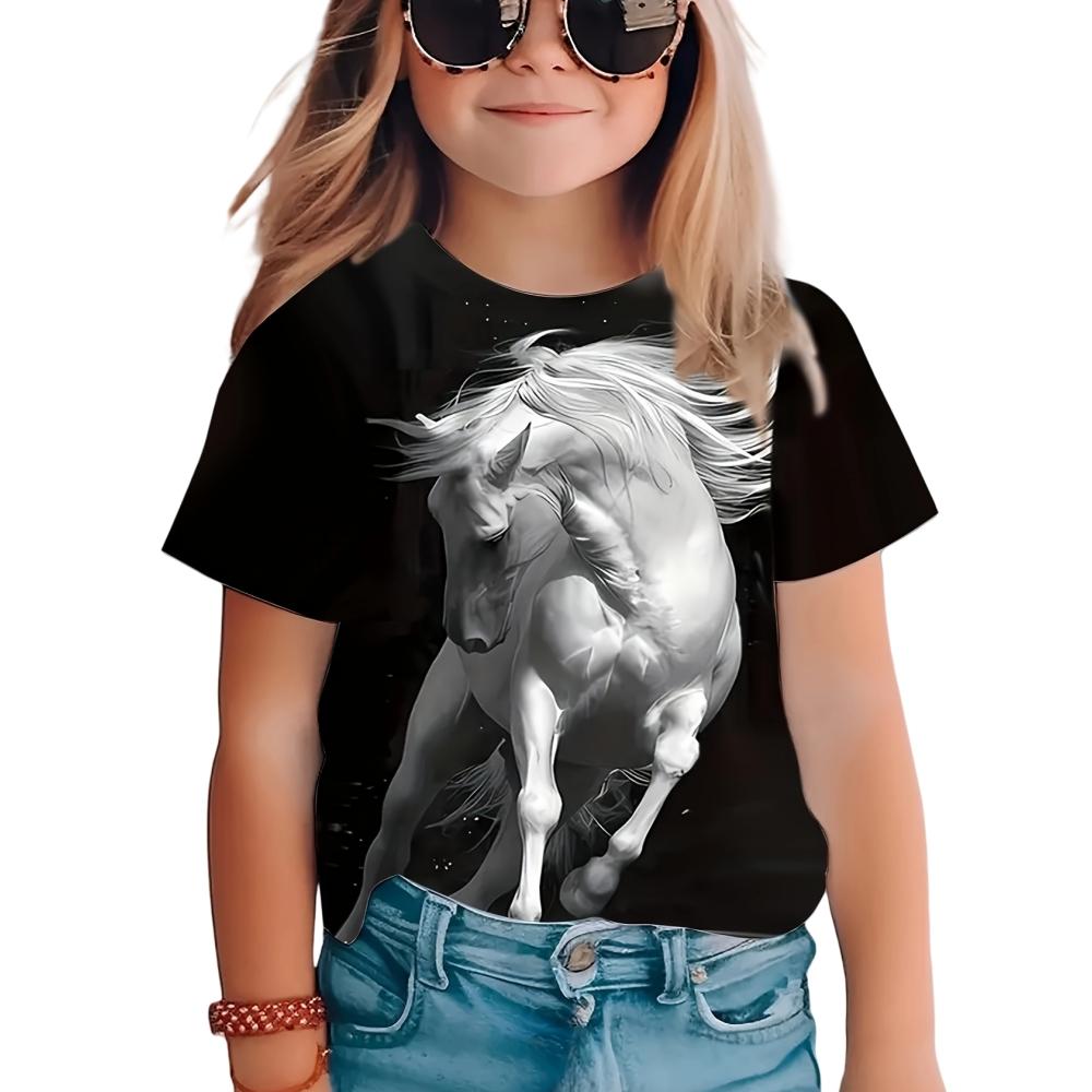 Детская футболка Одежда для девочек Животный 3D-принт Детский топ Летняя детская футболка Повседневная футболка с круглым вырезом Модная футболка Одежда для девочек-подростков