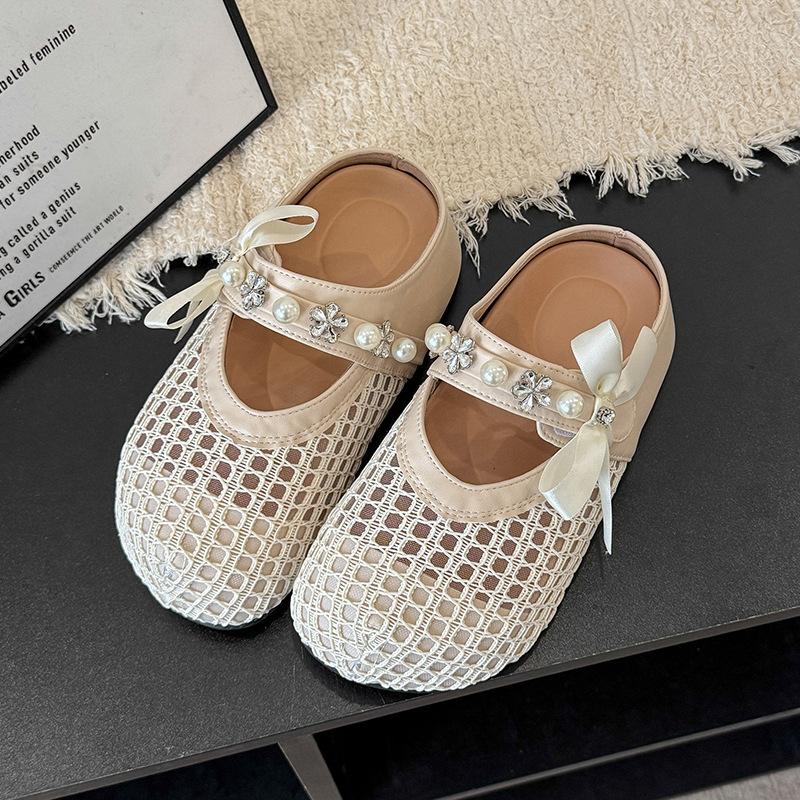 Flat Bottom Bag Head Breathable Mesh Fashionable Versatile Women's Drag Summer Niche Hollow One Word with Half Slippers