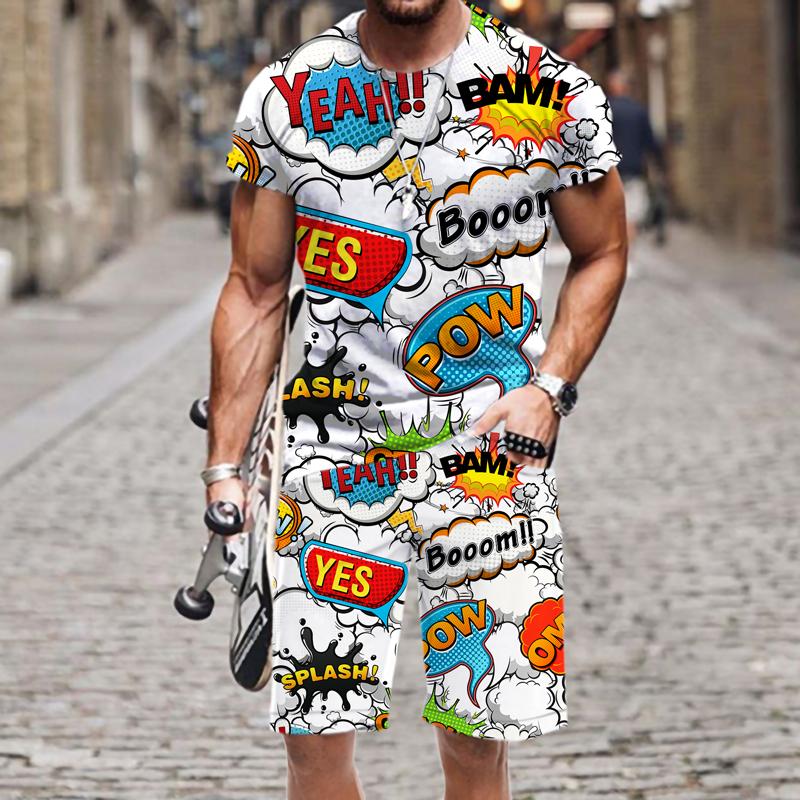 Летняя мужская футболка, комплект, забавная футболка с коротким рукавом в стиле хип-хоп, шорты, спортивный костюм из 2 предметов, красочный повседневный спортивный костюм, одежда унисекс
