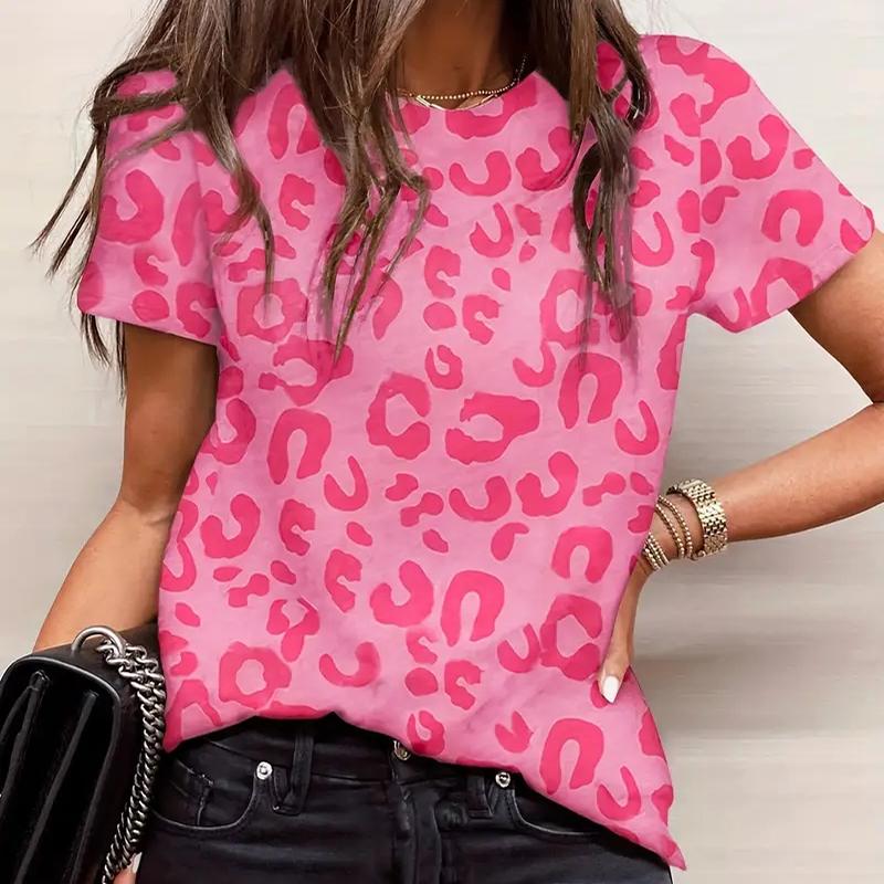 Женская летняя футболка с принтом, модная леопардовая футболка с коротким рукавом, повседневные топы с принтом