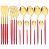 16Pcs/Set Red Gold Dinnerware Cutlery Set Western Stainless Steel Tableware Matte Dinner Knife Fork Spoon Flatware Kitchen Silverware Set
