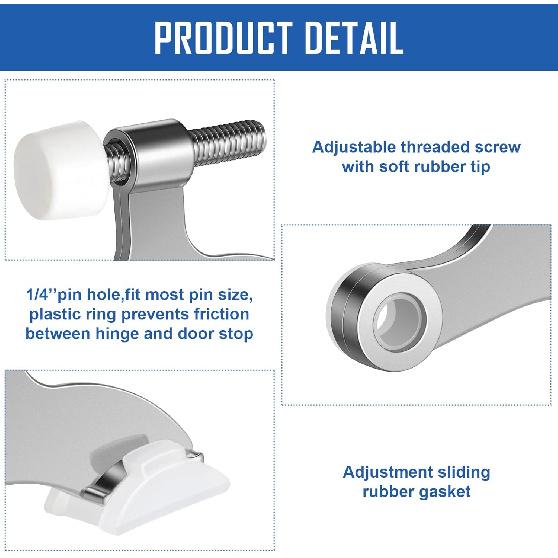 Funrous 24 Pieces Hinge Pin Door Stopper Satin Brushed Door Stops Adjustable Heavy Duty Hinge Stopper with White Rubber Bumper Tips(Silver)
