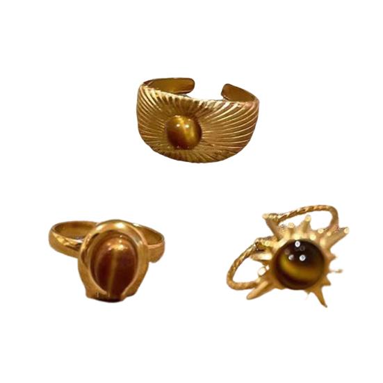 Кольцо с камнем тигровый глаз в форме цветка, ретро-золотое кольцо на указательный палец, гальваническое геометрическое широкое регулируемое кольцо для взрослых, клубных вечеринок, ювелирные изделия