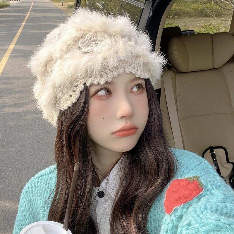 Fashion Rabbit Fur Patchwork Knit Bucket Hat Women Warm Fall Winter Large Head Size Face Slimming