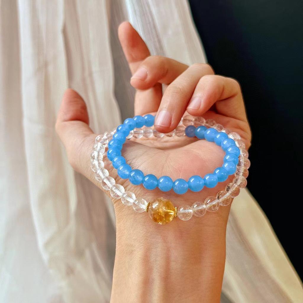 Vintage Natural White Crystal Aquamarine Quartzite Stone Bracelet Multi-Circle Bracelet.