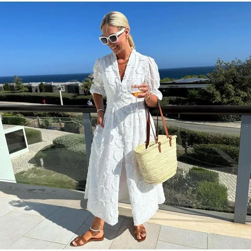 Белое печатное однобортное платье с разрезом для женщин, модные платья с V-образным вырезом и коротким рукавом, летние женские платья для отдыха на пляже