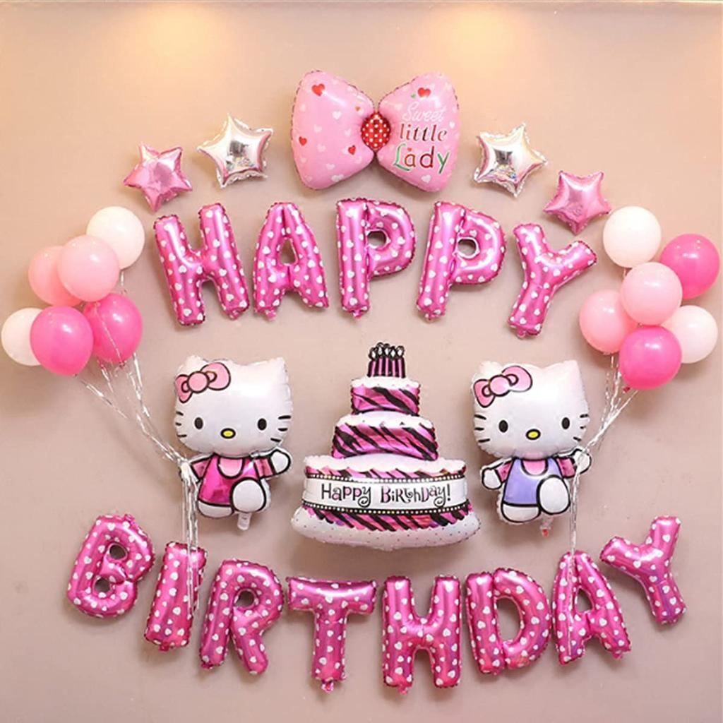 Fantasyon Hello Kitty Girls Birthday Happy Birthday Garland Decoration Set Balloons Party Balloons Pad Balloons Cake Topper 33 Piece Set
