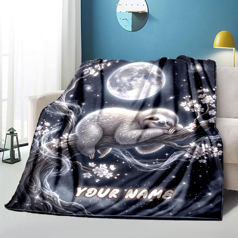 1PC Custom Name Moonlit Sloth Dreams blanket versatile,all-season throw suitable for the living room,bedroom,camping,travel,and gift