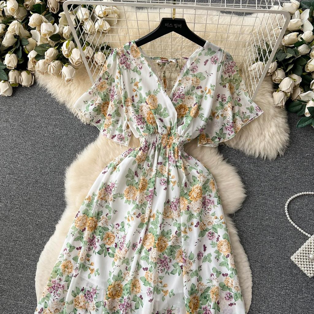 Морское праздничное шифоновое платье с принтом, женское летнее новое обтягивающее талии с v-образным вырезом средней длины, большая распашная юбка, модная