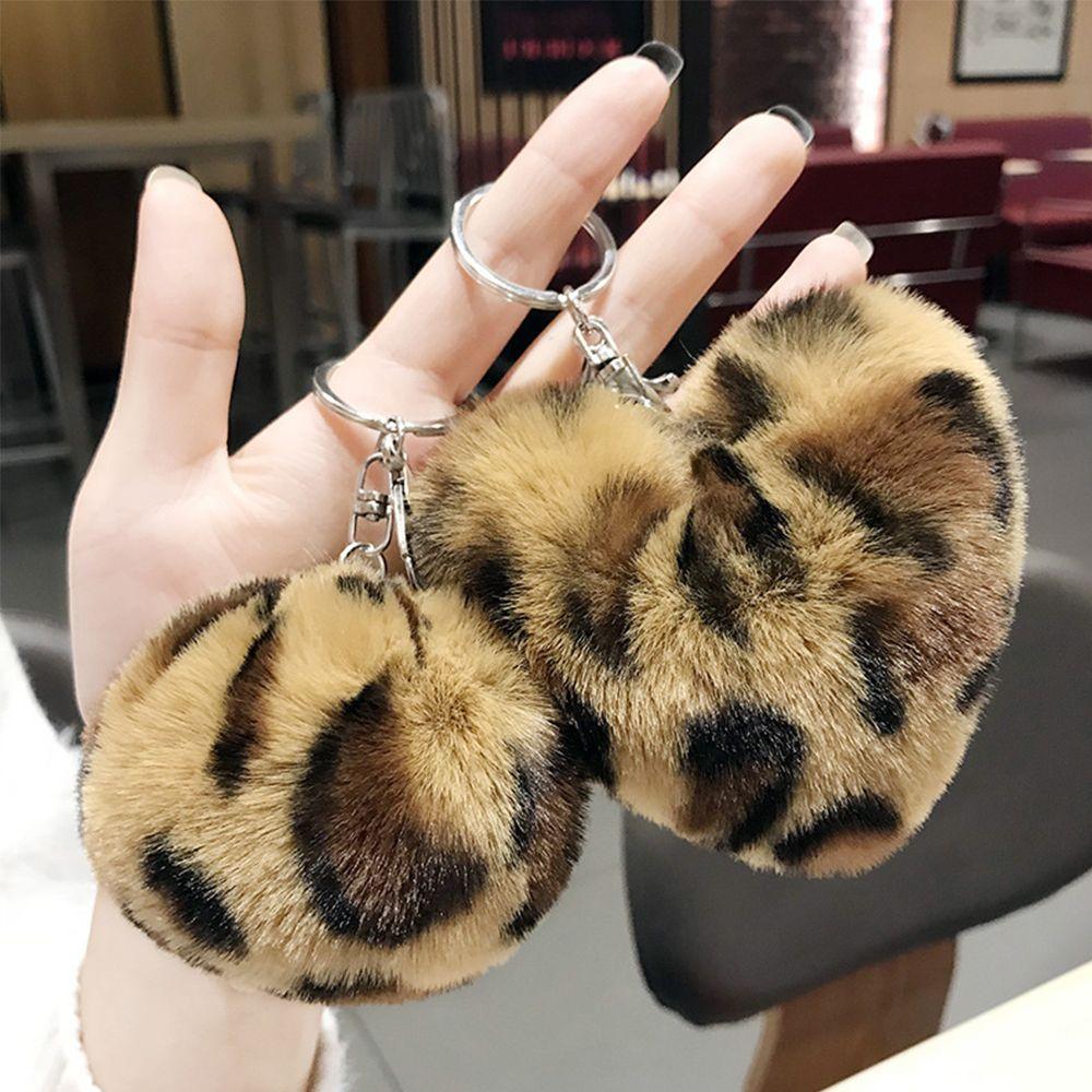 Car Accessories Pendant Heart Round Ball Leopard Plush Fur Ball Key Chains Key Ring Plush Keychain