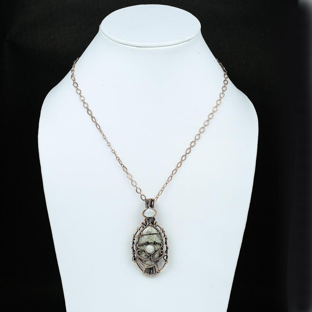 Подвеска из ископаемого коралла Глаз Дьявола, обернутая медью, с радужным лунным камнем, ручной работы, украшение Глаз Дьявола, подарок для матери, дизайнерское украшение