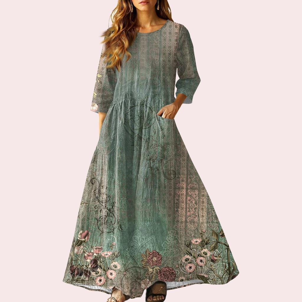 Women's Retro Ethnic Style Ribbon Embroidered Sleeveless Linen V-neck Maxi Dress