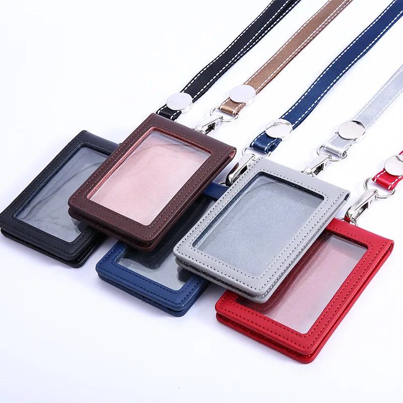 Fashion PU Business Credit Card Id Holders Wallet Case PU Badge Card Holder with Neck Strap Lanyard School Office Supplies