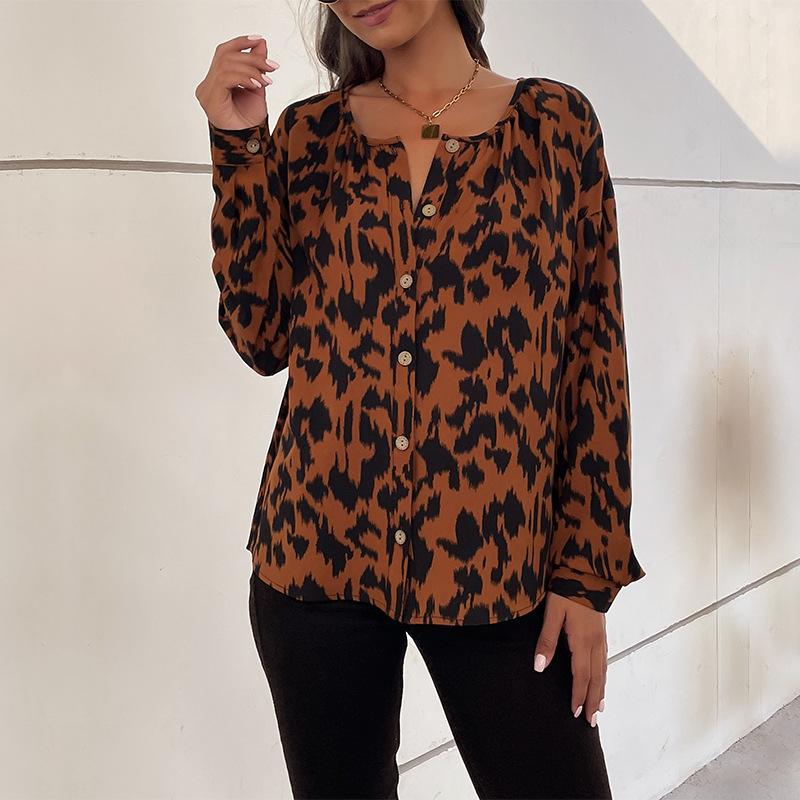 Bahor va Kuz Ayollar Bluzkalari Toplar Uzun Qo'lli Leopard Dizaynli Ko'ylak